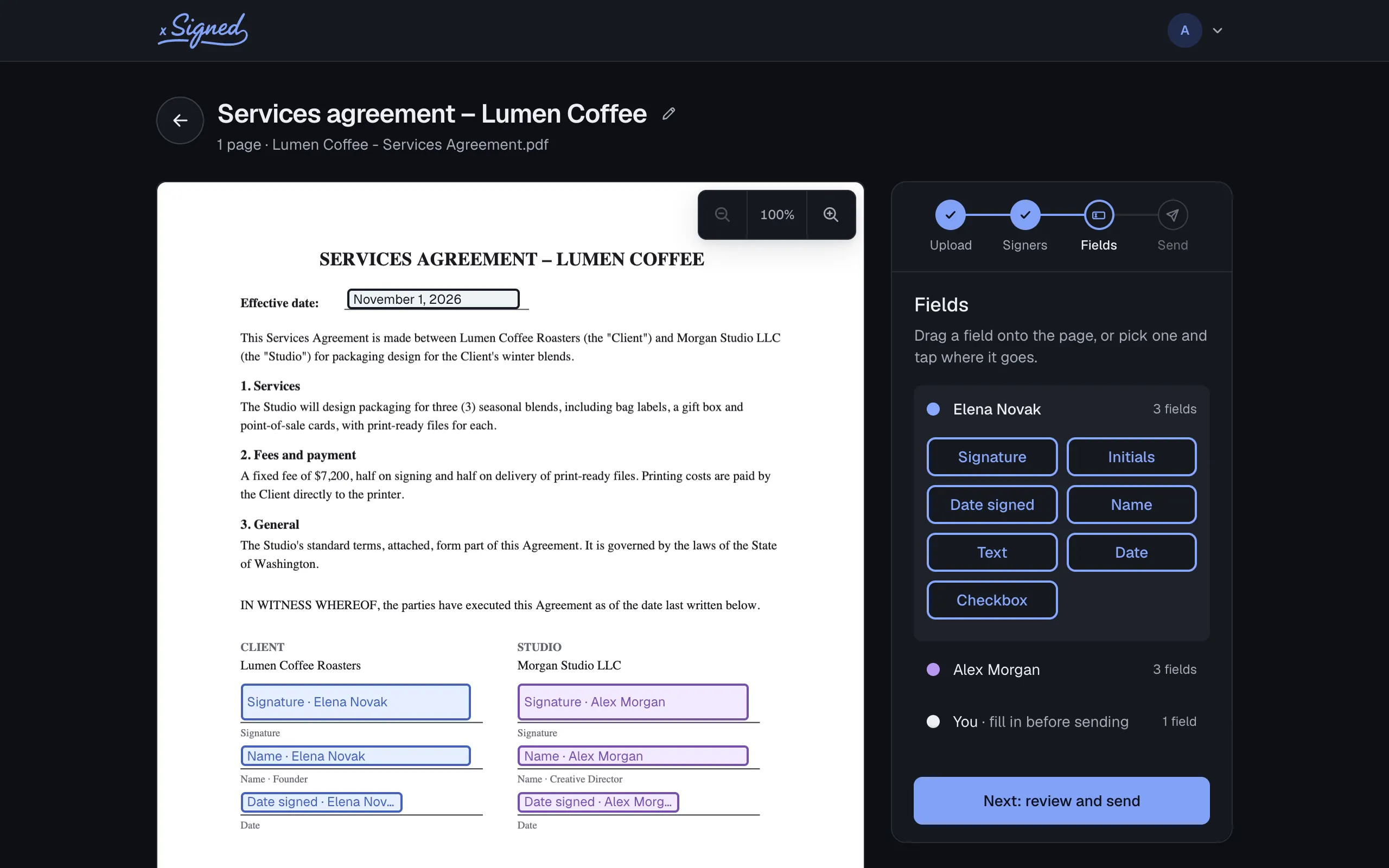 Signed's document editor in dark mode: a services agreement with signature fields placed for two signers.