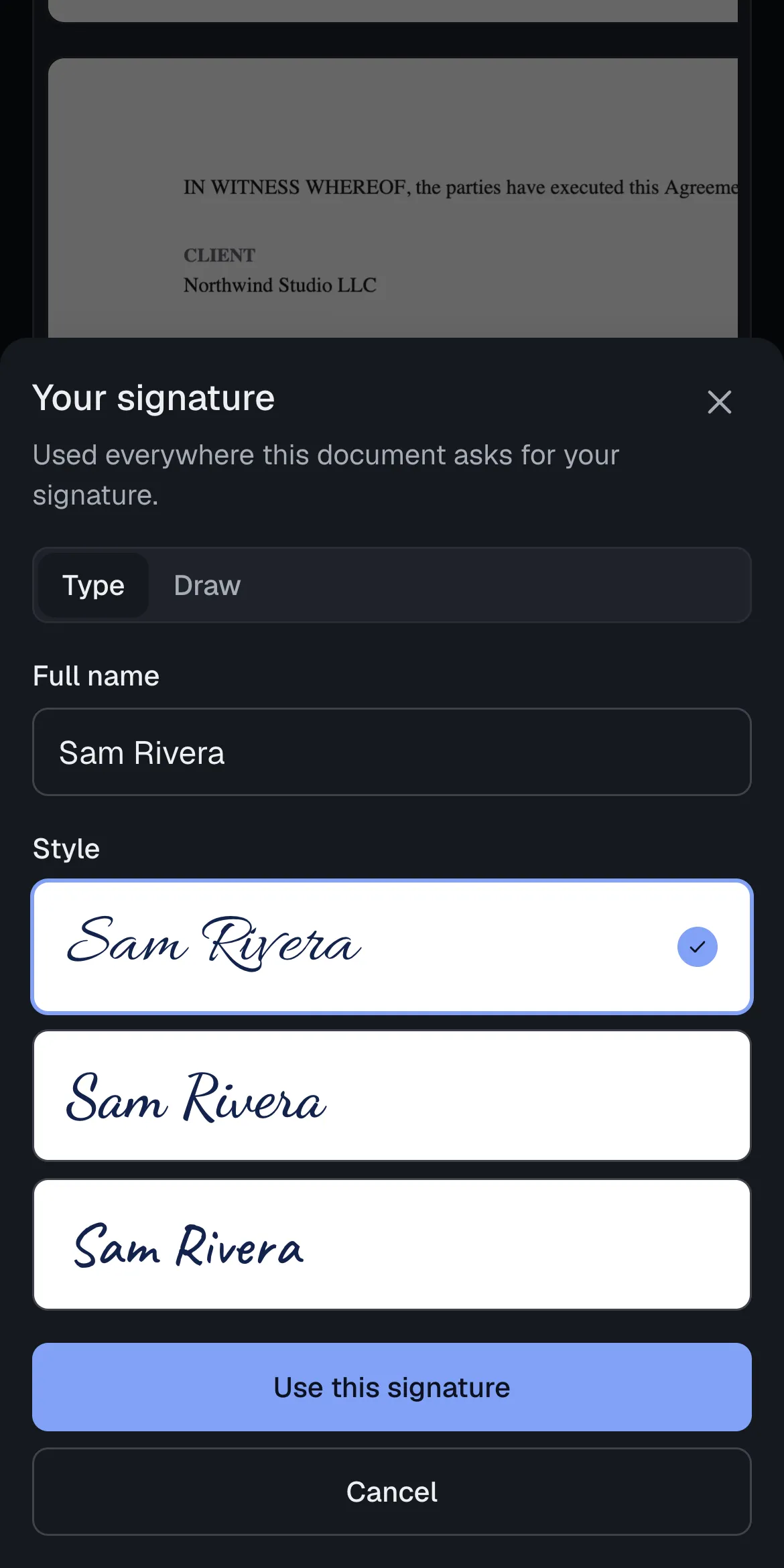 A signer choosing a typed signature style on their phone.